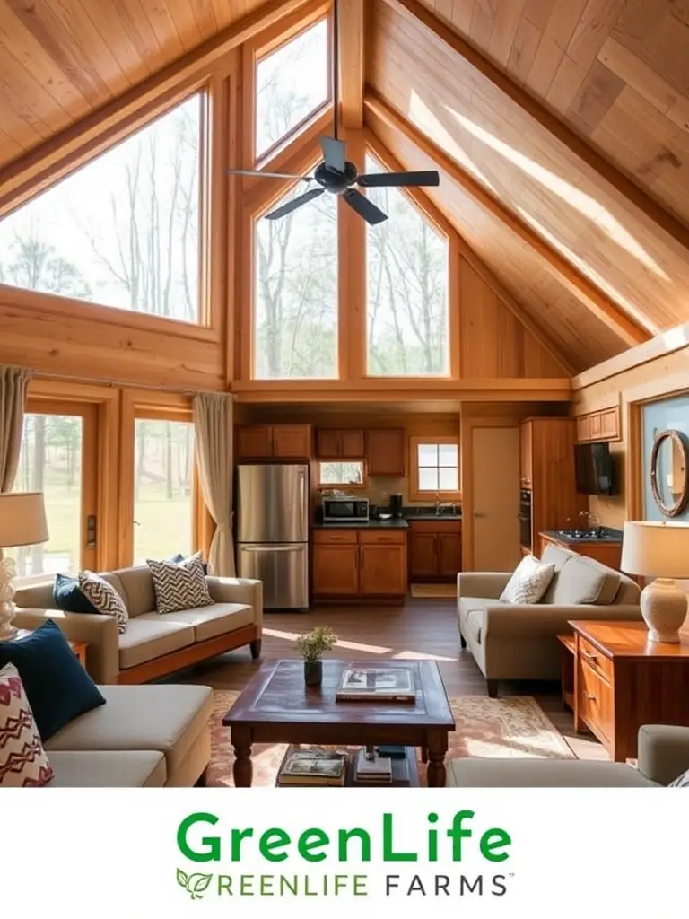 An interior shot of a luxury cabin at GreenLife Farms, highlighting the stylish decor, comfortable furnishings, and modern amenities.