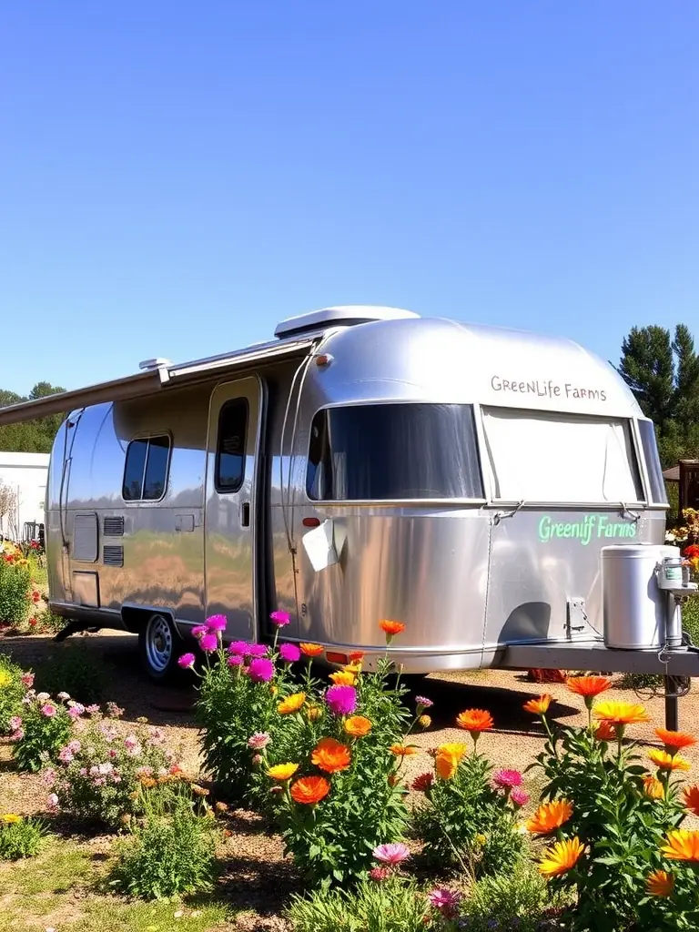 A vintage Airstream trailer at GreenLife Farms, refurbished with modern amenities and set in a picturesque outdoor setting.