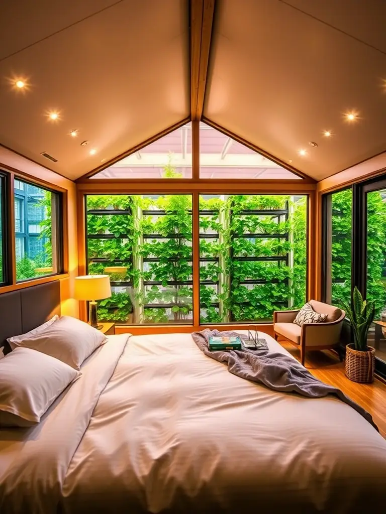 Interior of a GreenLife Farms cabin, showcasing a comfortable bed, modern furnishings, and a view of the vertical farm.