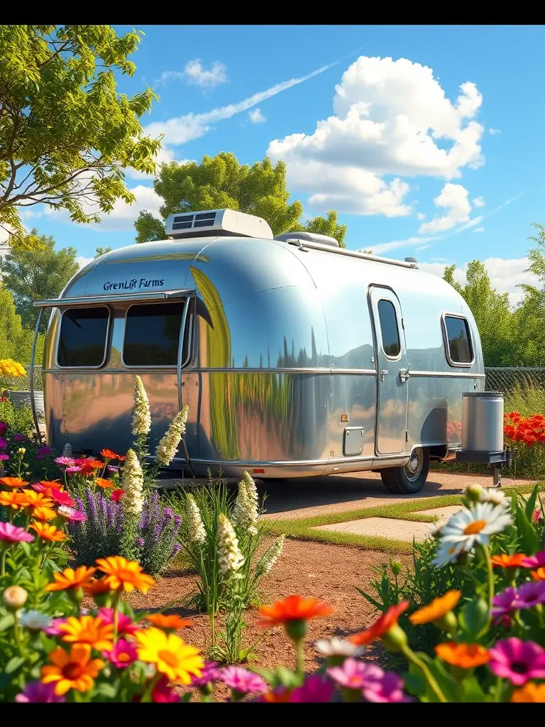 A vintage Airstream trailer at GreenLife Farms, renovated with modern amenities and surrounded by a garden.