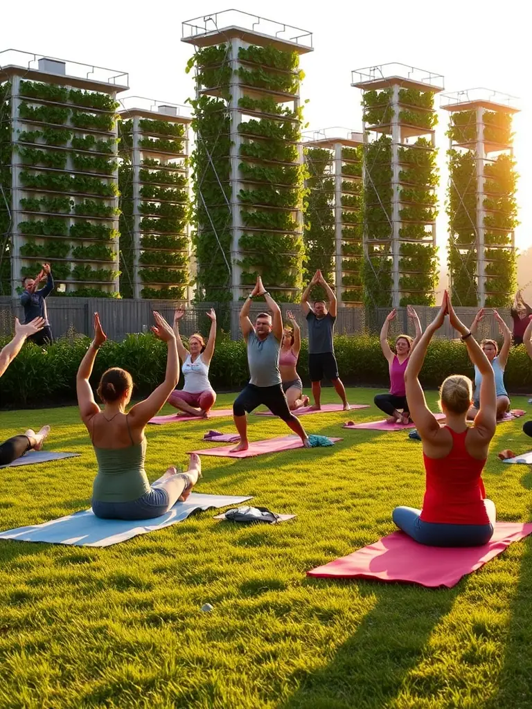 A serene image of guests participating in a morning yoga session outdoors at GreenLife Farms, with the vertical farm visible in the background.