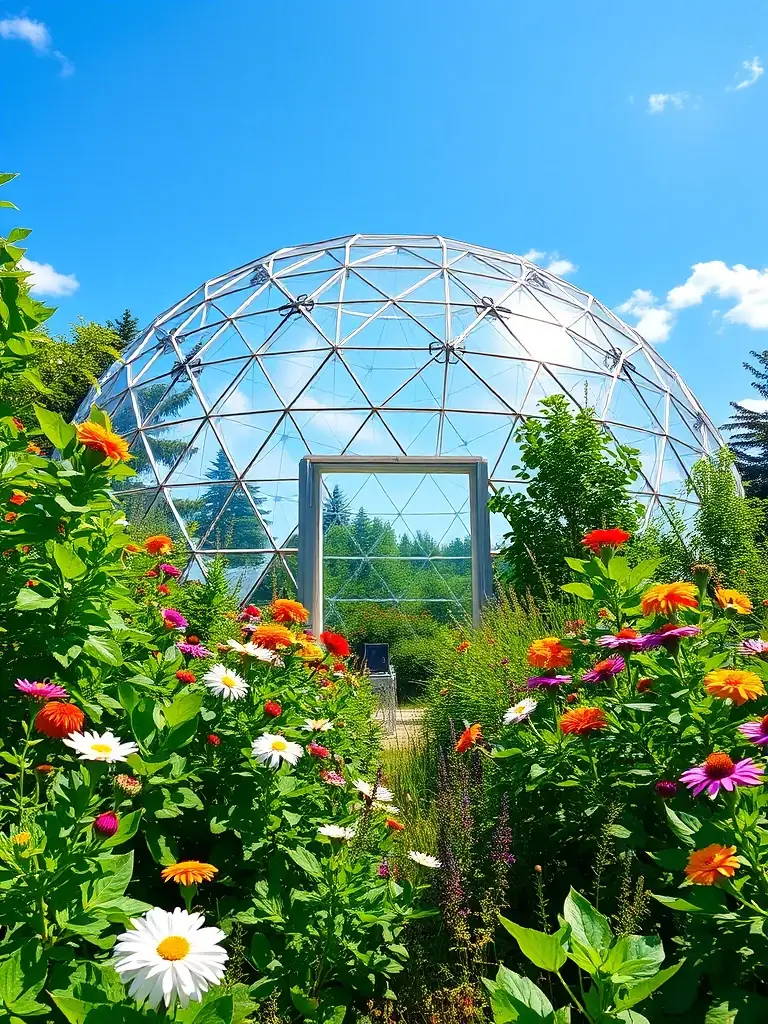 A geodesic dome at GreenLife Farms, surrounded by lush greenery and featuring a skylight for stargazing.