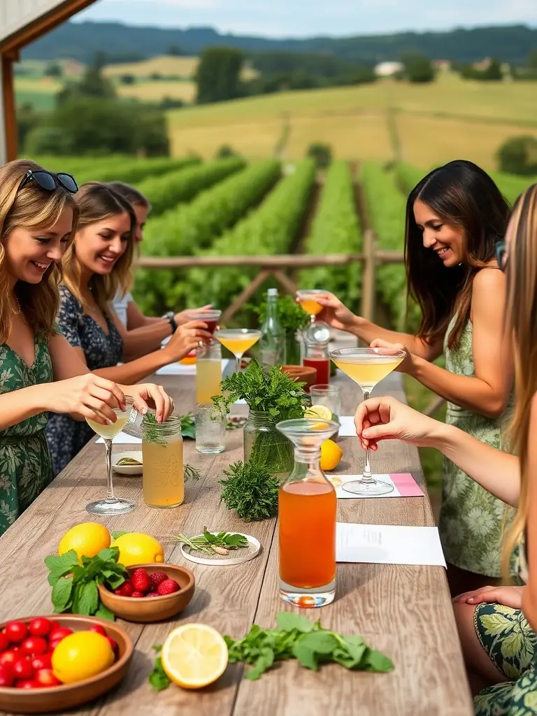 A group of guests participating in a cocktail-making class at GreenLife Farms, using fresh herbs and fruits from the farm.