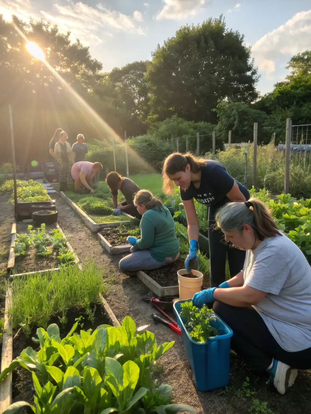 Participants in a gardening workshop at GreenLife Farms, planting seedlings in a raised garden bed, with tools and soil provided.