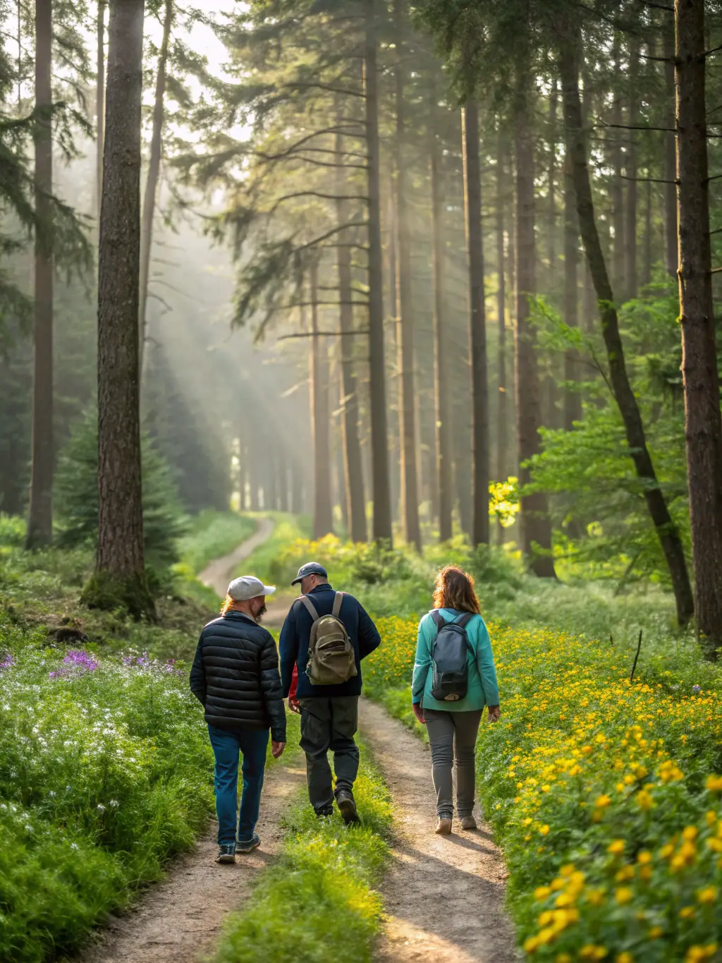 A group of guests participating in a guided nature walk and forest bathing session at GreenLife Farms.