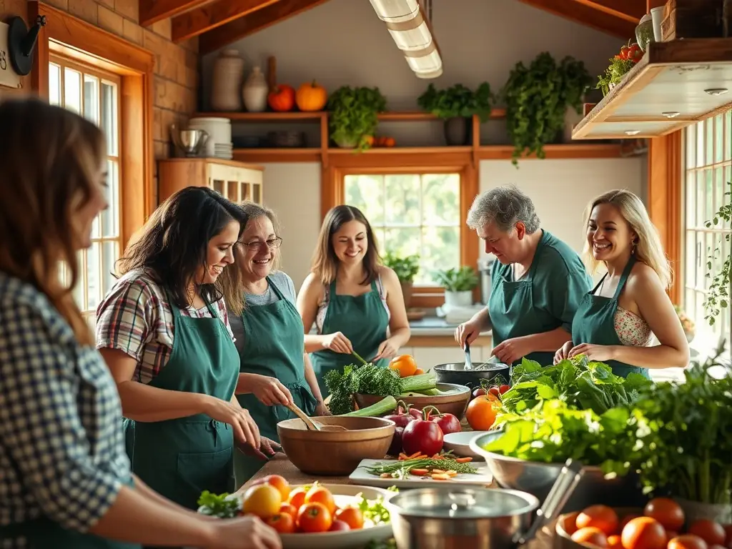 A group of GreenLife Farms guests are enthusiastically participating in a hands-on cooking class, learning to prepare a vibrant salad using freshly harvested vegetables from the farm's vertical gardens. The setting is a bright, modern kitchen with large windows overlooking the farm.