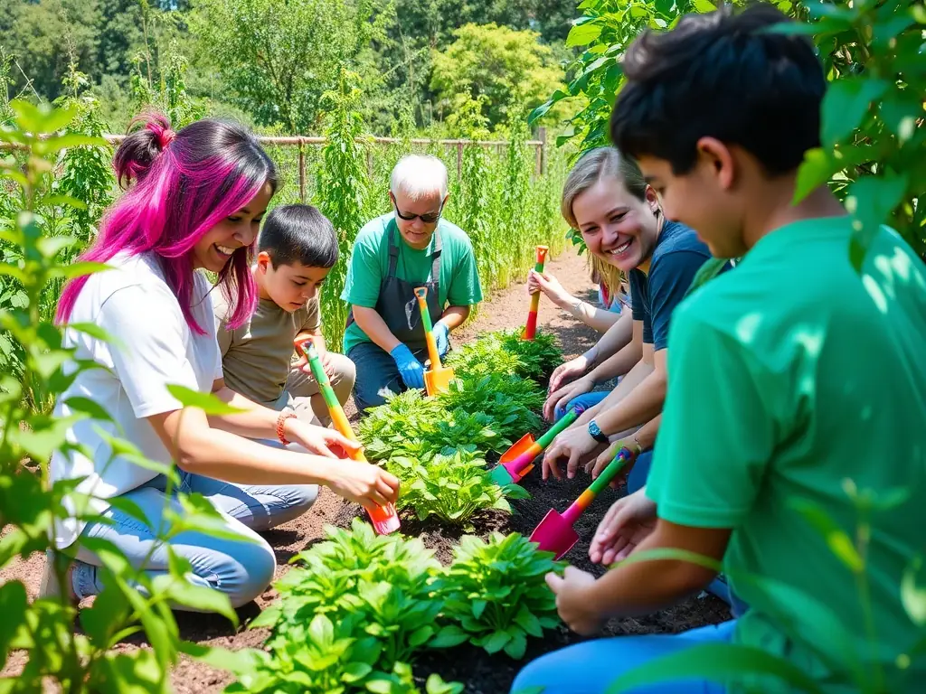 A group of GreenLife Farms guests are carefully planting seedlings in a raised garden bed during a gardening workshop. The scene is set outdoors, with the vertical farm visible in the background, emphasizing the connection to sustainable agriculture.