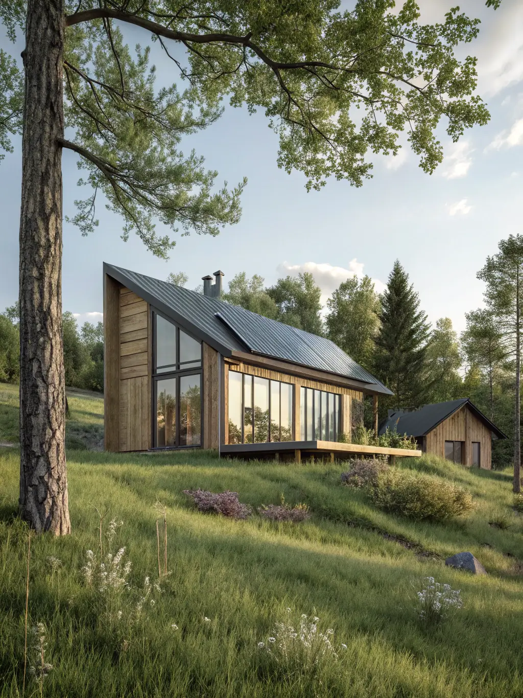 A beautifully designed, modern cabin nestled amongst trees at GreenLife Farms, featuring large windows and a wooden deck.