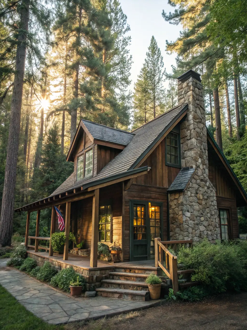 A cozy cabin nestled in the woods at GreenLife Farms, featuring a rustic exterior and surrounded by lush greenery.