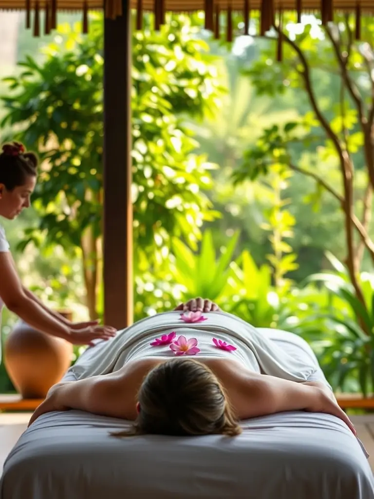 A person receiving an outdoor massage therapy session at GreenLife Farms, with the farm's natural surroundings enhancing the experience.