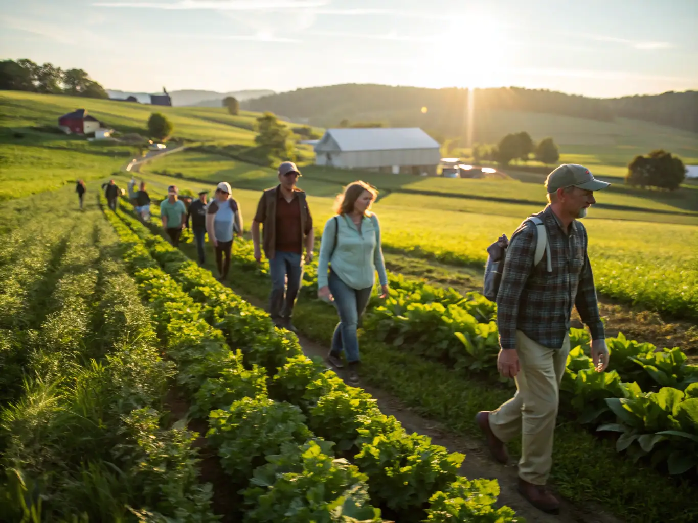 A GreenLife Farms tour guide is leading a group of visitors through the vertical farm, explaining the innovative farming techniques used. The visitors are attentively listening and observing the rows of plants growing in a controlled environment.