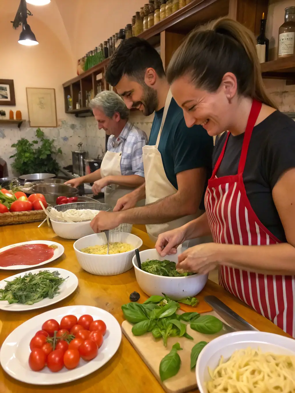 A group of guests participating in a hands-on pasta-making workshop at GreenLife Farms, guided by a chef, with fresh ingredients from the farm.
